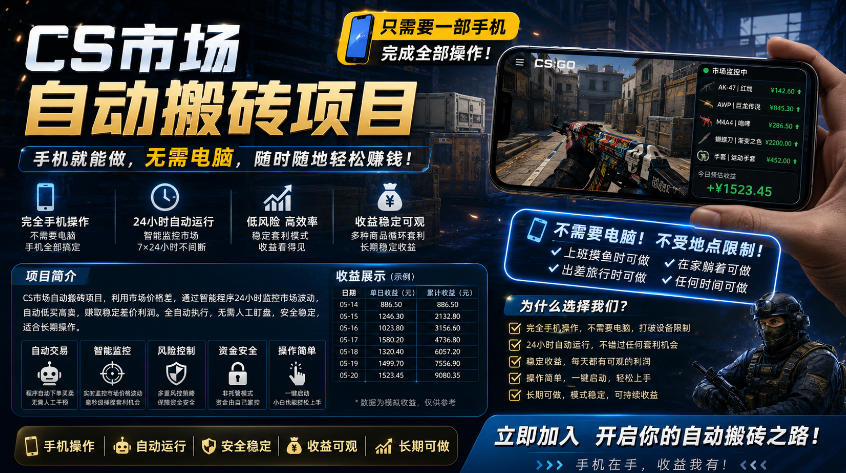 手机即可操作的CS市场自动搬砖系统｜自动监控｜自动下单|日入300+【揭秘】-淘金社:轻创终点站