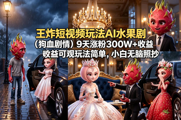 王炸短视频玩法AI水果剧(狗血剧情)9天涨粉300W+收益可观玩法简单，小白无脑照抄，详细拆解玩法-淘金社:轻创终点站