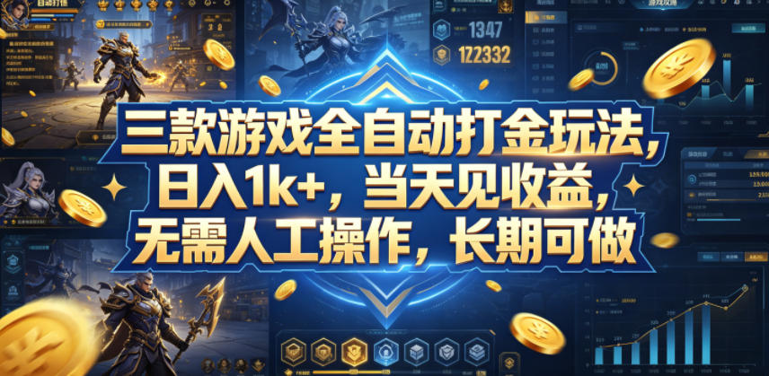 三款游戏全自动打金玩法，日入1k+，当天见收益，无需人工操作，长期可做【揭秘】-淘金社:轻创终点站