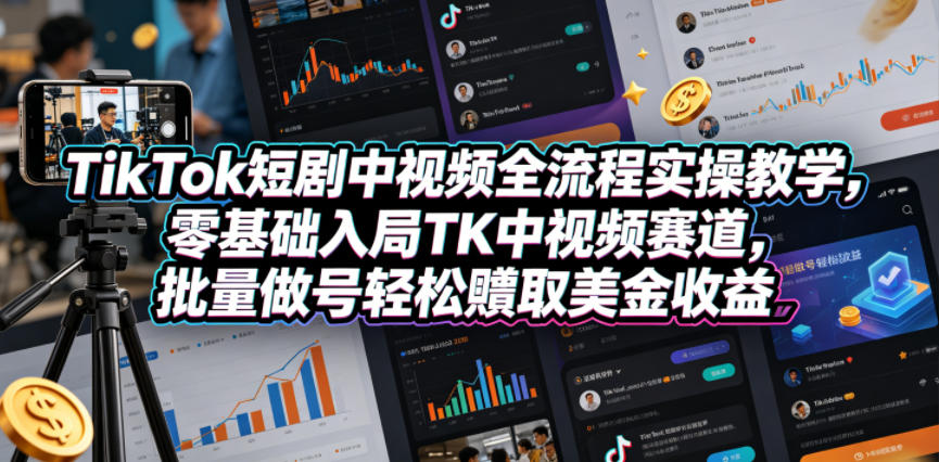 TikTok短剧中视频全流程实操教学，零基础入局TK中视频赛道，批量做号轻松賺取美金收益-淘金社:轻创终点站