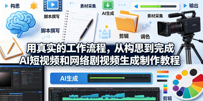 用真实的工作流程，从构思到完成AI短视频和网络剧视频生成制作教程-中英字幕-淘金社:轻创终点站