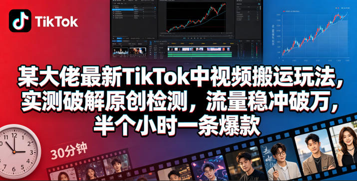 某大佬最新TikTok中视频搬运玩法，实测破解原创检测，流量稳冲破万，半个小时一条爆款-淘金社:轻创终点站