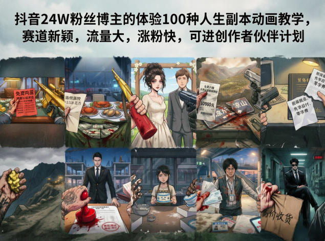抖音24W粉丝博主的体验100种人生副本动画教学，赛道新颖，流量大，涨粉快，可进创作者伙伴计划-淘金社:轻创终点站