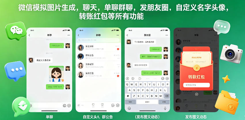 微信模拟图片生成,聊天,单聊群聊,发朋友圈,自定义名字头像,转账红包等所有功能都可以生成-淘金社:轻创终点站