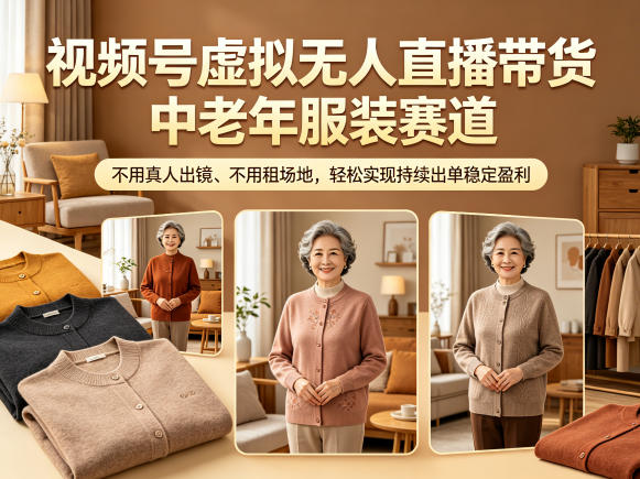 视频号虚拟无人直播带货中老年服装赛道，不用真人出镜、不用租场地，轻松实现持续出单稳定盈利-淘金社:轻创终点站