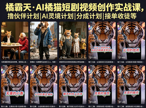 橘霸天·AI橘猫短剧视频创作实战课,撸伙伴计划|AI灵境计划|分成计划|接单收徒等-淘金社:轻创终点站