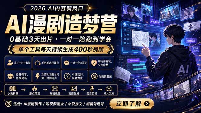 AI漫剧造梦营：0基础3天出片，单个工具每天持续生成400秒视频-淘金社:轻创终点站