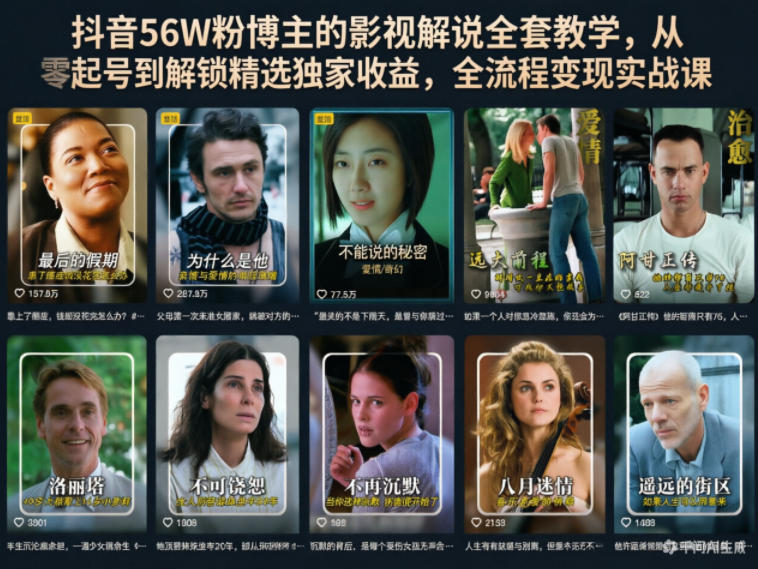 抖音56W粉博主的影视解说全套教学，从零起号到解锁精选独家收益，全流程变现实战课-淘金社:轻创终点站