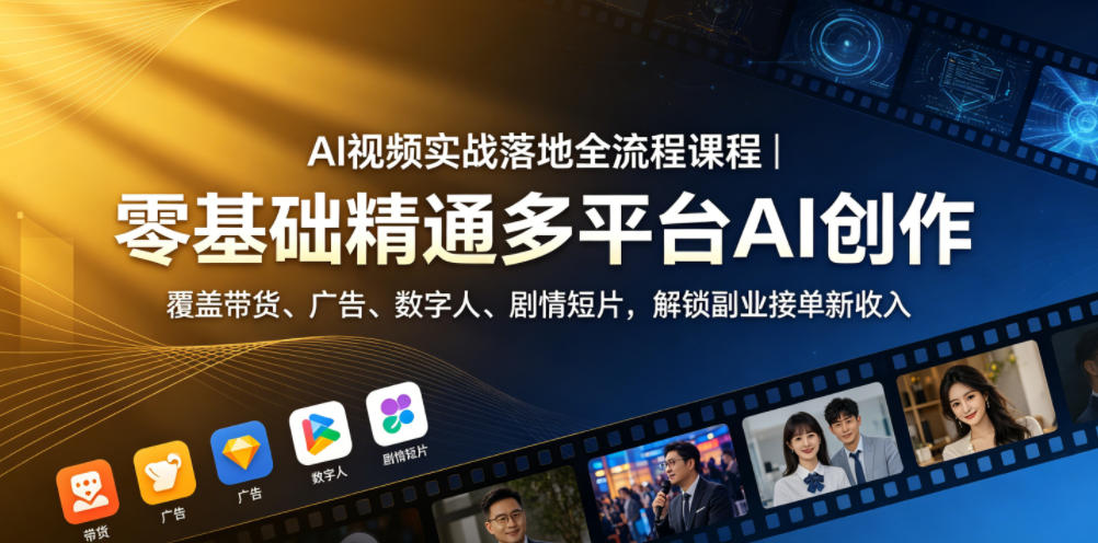 AI视频实战落地全流程课程｜零基础精通多平台AI创作，覆盖带货、广告、数字人、剧情短片，解锁副业接单新收入-淘金社:轻创终点站