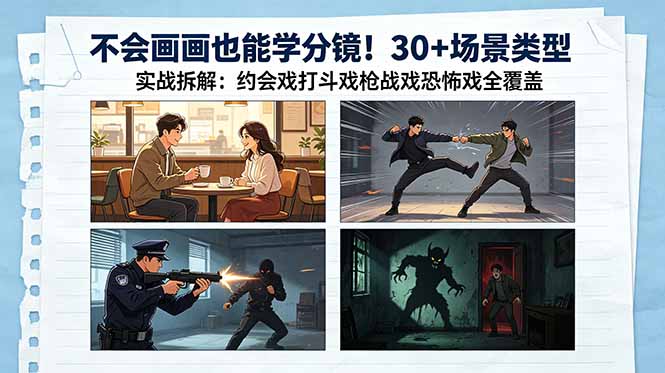 不会画画也能学分镜！30+场景类型实战拆解：约会戏打斗戏枪战戏恐怖戏全覆盖-淘金社:轻创终点站