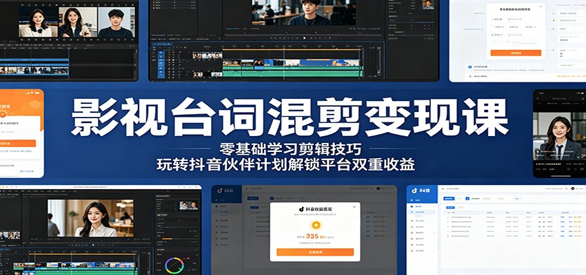 影视台词混剪变现课：零基础学习剪辑技巧，玩转抖音伙伴计划解锁平台双重收益-淘金社:轻创终点站