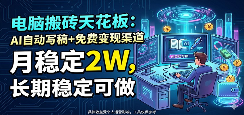电脑搬砖天花板：AI自动写稿+免费变现渠道，月稳定2W，长期稳定可做-淘金社:轻创终点站