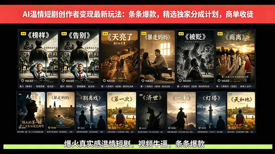 AI温情短剧创作者变现最新玩法：视频牛逼，条条爆款，精选独家分成计划，商单收徒-淘金社:轻创终点站