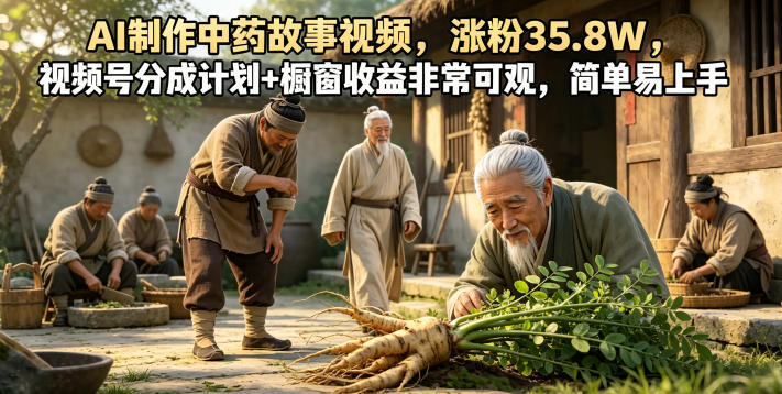 AI制作中药故事视频，涨粉35.8W，视频号分成计划+橱窗收益非常可观，简单易上手-淘金社:轻创终点站