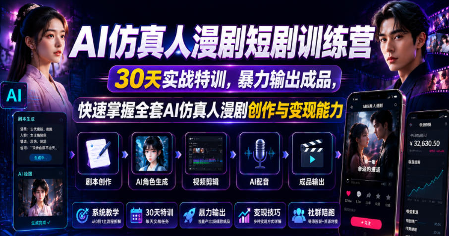 AI仿真人漫剧短剧训练营,30天实战特训,暴力输出成品,快速掌握全套AI仿真人漫剧创作与变现能力-淘金社:轻创终点站
