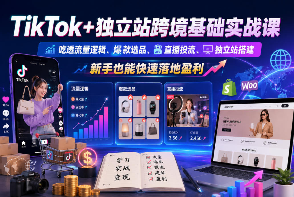 TikTok+独立站跨境基础实战课,吃透流量逻辑、爆款选品、直播投流与独立站搭建,新手也能快速落地盈利-淘金社:轻创终点站