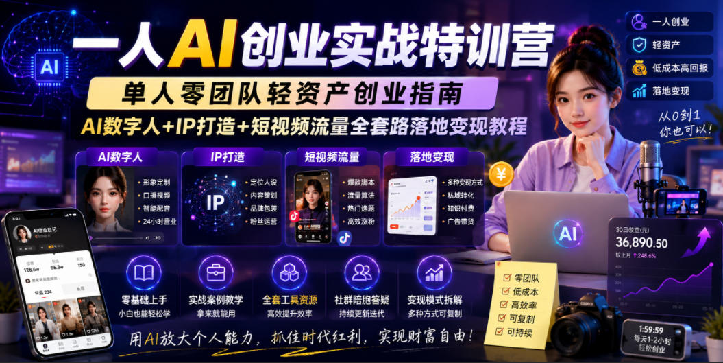 一人AI创业实战特训营,单人零团队轻资产创业指南,AI数字人+IP打造+短视频流量全套路落地变现教程-淘金社:轻创终点站