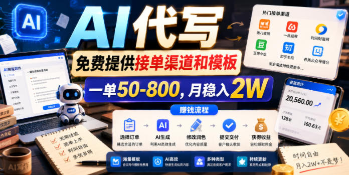 AI代写,免费提供接单渠道和模板,一单50-800,月稳入2W【揭秘】-淘金社:轻创终点站
