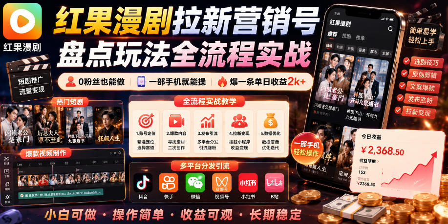 红果漫剧拉新营销号盘点玩法全流程实战,0粉丝也能做,一部手机就能做,爆一条单日收益2k+-淘金社:轻创终点站