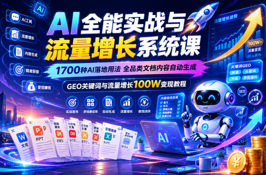 AI全能实战与流量增长系统课,1700种AI落地用法,全品类文档内容自动生成,GEO关键词与流量增长100W变现教程-淘金社:轻创终点站