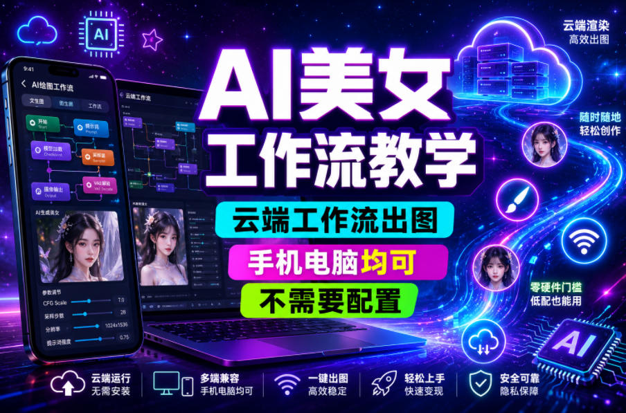AI美女工作流教学，云端工作流出图，手机电脑均可，不需要配置，快速起号涨粉-淘金社:轻创终点站