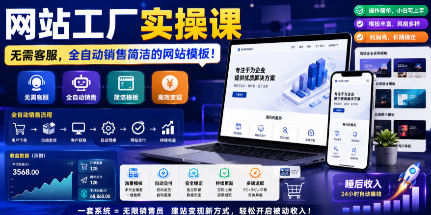 网站工厂实操课，无需客服，网站模板自动赚钱！【原创双语字幕】-淘金社:轻创终点站
