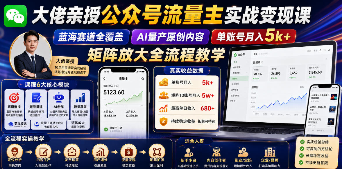 大佬亲授公众号流量主实战变现课，蓝海赛道全覆盖，AI量产原创内容，单账号月入5k+矩阵放大全流程教学-淘金社:轻创终点站
