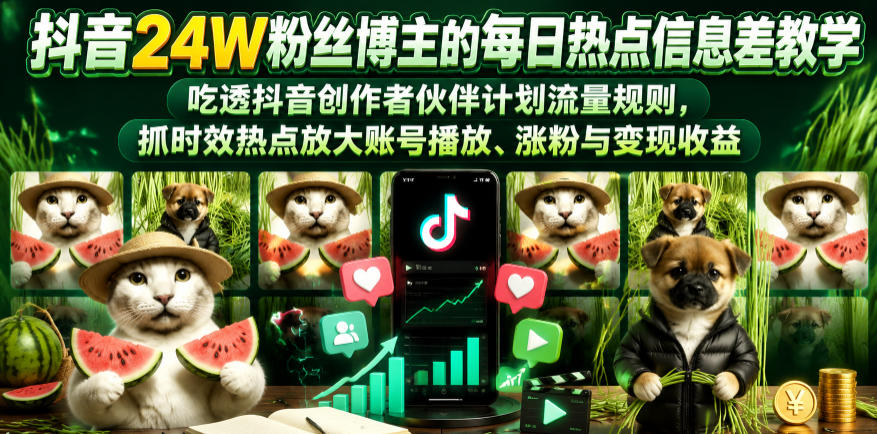 抖音24W粉丝博主的每日热点信息差教学,吃透创作者伙伴计划流量规则,抓时效热点放大账号播放、涨粉与变现收益(更新)-淘金社:轻创终点站