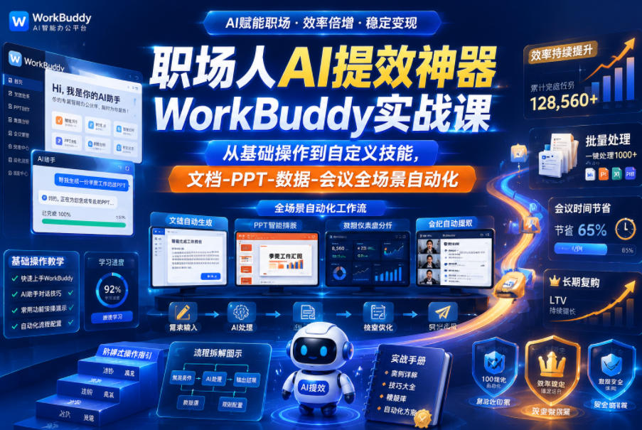 职场人AI提效神器WorkBuddy实战课,从基础操作到自定义技能,文档-PPT-数据-会议全场景自动化-淘金社:轻创终点站
