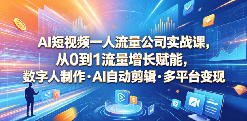 AI短视频一人流量公司实战课,从0到1流量增长赋能,数字人制作・AI自动剪辑・多平台变现,一人做流量生意全落地教程-淘金社:轻创终点站