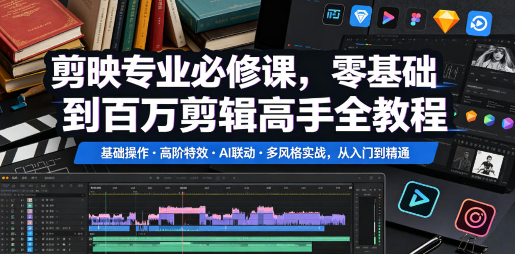 剪映专业必修课,零基础到百万剪辑高手全教程,基础操作・高阶特效・AI联动・多风格实战,从入门到精通-淘金社:轻创终点站