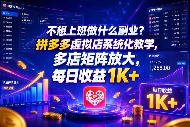 不想上班做什么副业?拼多多虚拟店系统化教学,多店矩阵放大,每日收益1K+【揭秘】-淘金社:轻创终点站