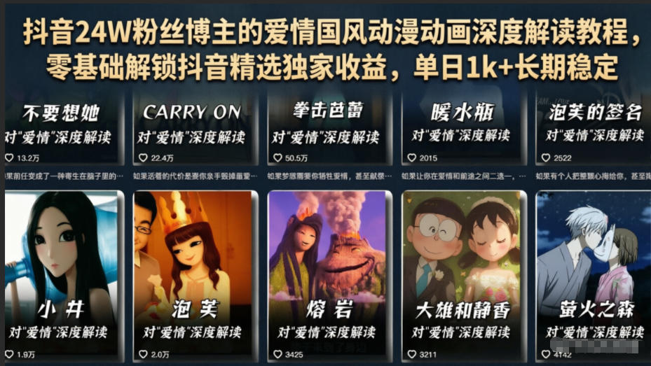抖音24W粉丝博主的爱情国风动漫动画深度解读教程,零基础解锁抖音精选独家收益,单日1k+长期稳定-淘金社:轻创终点站