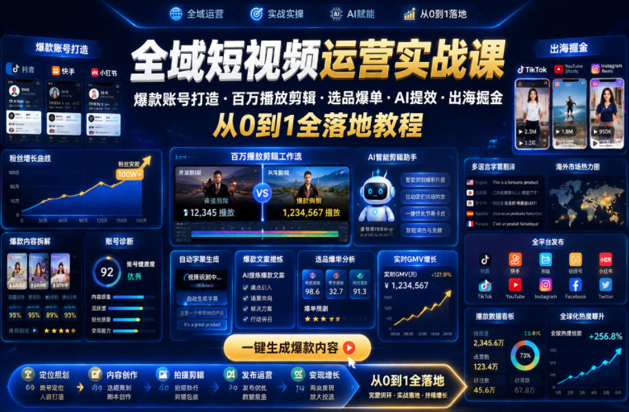 全域短视频运营实战课,爆款账号打造・百万播放剪辑・选品爆单・AI提效・出海掘金,从0到1全落地教程-淘金社:轻创终点站