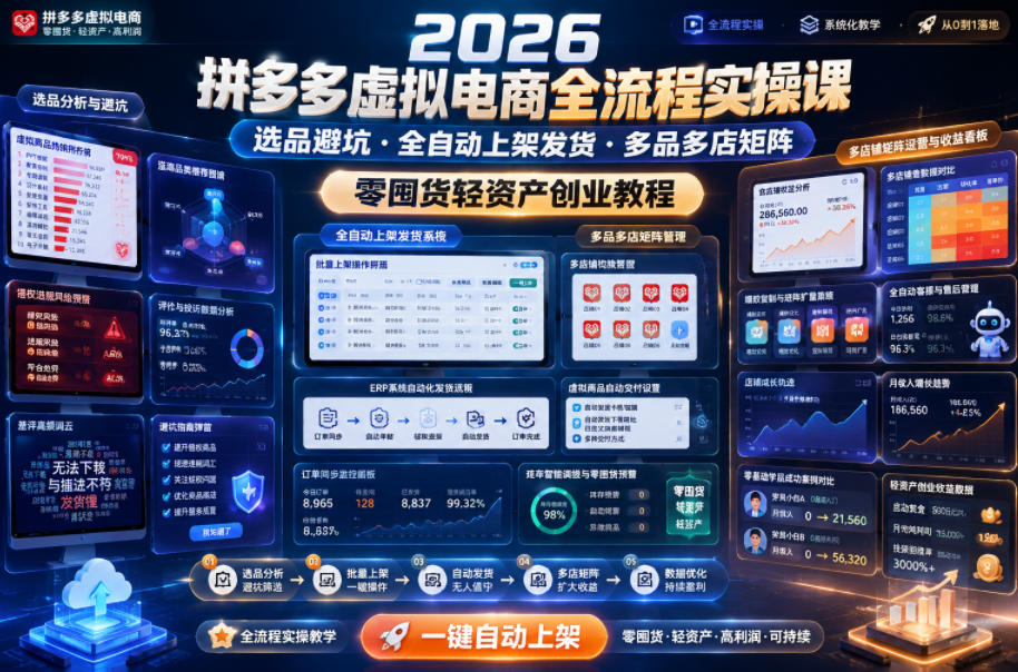 2026拼多多虚拟电商全流程实操课,选品避坑・全自动上架发货・多品多店矩阵,零囤货轻资产创业教程-淘金社:轻创终点站