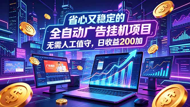 全自动广告挂机项目，全程无需人工值守。稳定创收每日收益200+-淘金社:轻创终点站
