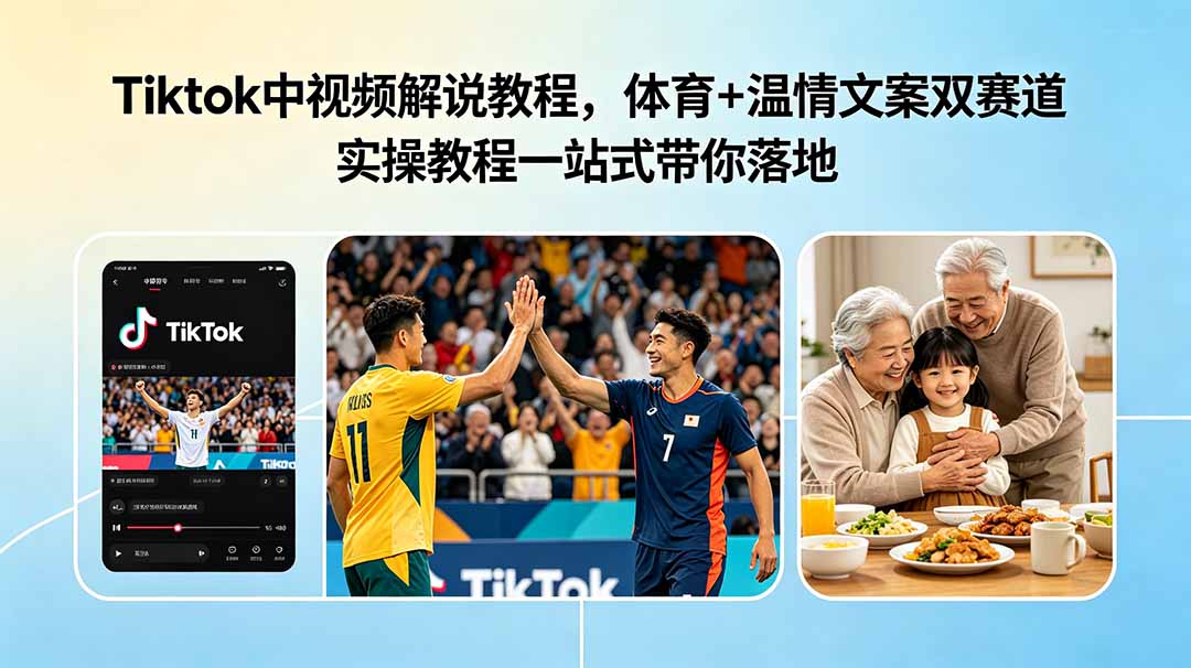 Tiktok中视频解说教程,体育+温情文案双赛道实操教程一站式带你落地-淘金社:轻创终点站