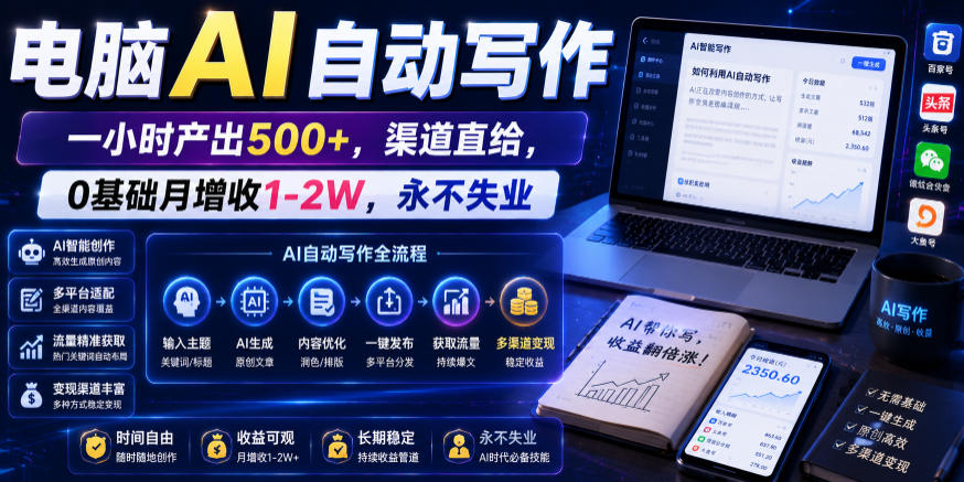 电脑AI自动写作,一小时产出500+,渠道直给,0基础月增收1-2W,永不失业【揭秘】-淘金社:轻创终点站