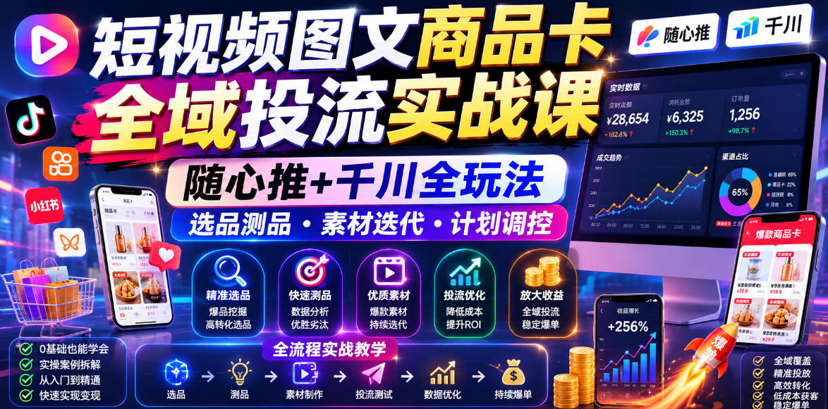 短视频图文商品卡全域投流实战课,随心推+千川全玩法,选品测品・素材迭代・计划调控,提升ROI爆单增收教程-淘金社:轻创终点站