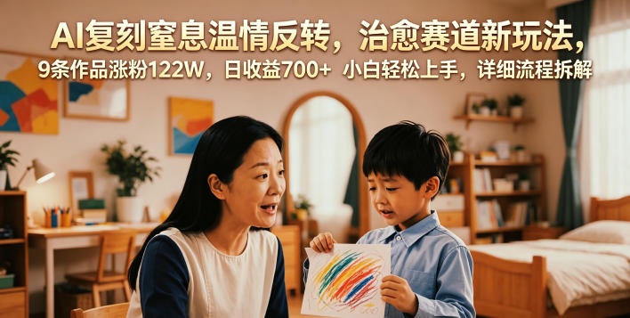 AI复刻窒息温情反转，治愈赛道新玩法，9条作品涨粉122W，日收益700+ 小白轻松上手，详细流程拆解-淘金社:轻创终点站