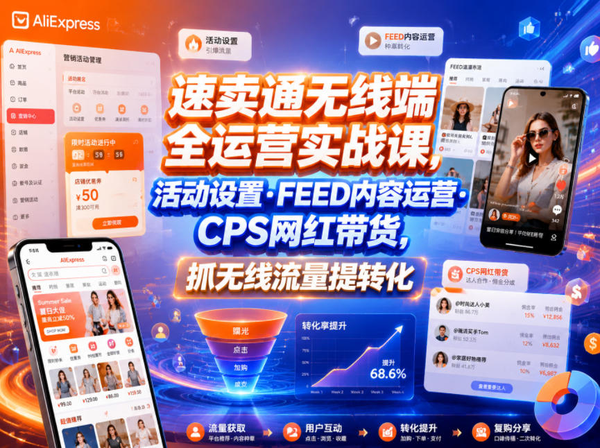 速卖通无线端全运营实战课,活动设置・FEED内容运营・CPS网红带货,抓无线流量提转化-淘金社:轻创终点站