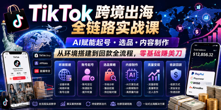 TikTok跨境出海全链路实战课,AI赋能起号・选品・内容制作,从环境搭建到回款全流程,零基础賺美刀-淘金社:轻创终点站