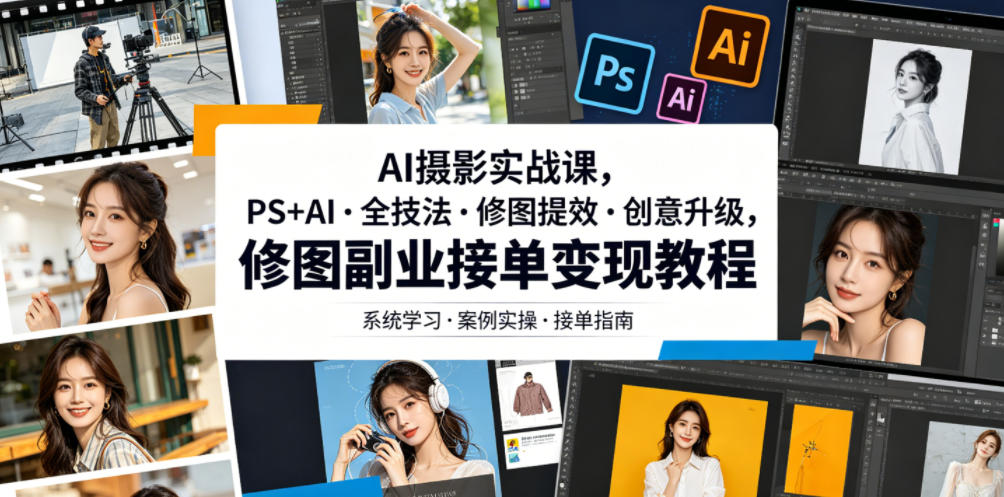 AI摄影实战课,PS+AI・全技法・修图提效・创意升级,修图副业接单变现教程-淘金社:轻创终点站