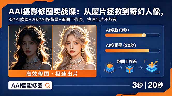 AI摄影修图实战课:从废片拯救 到 奇幻人像,3秒AI修脸+20秒AI换背景+跑图工作流,快速出片不熬夜-淘金社:轻创终点站
