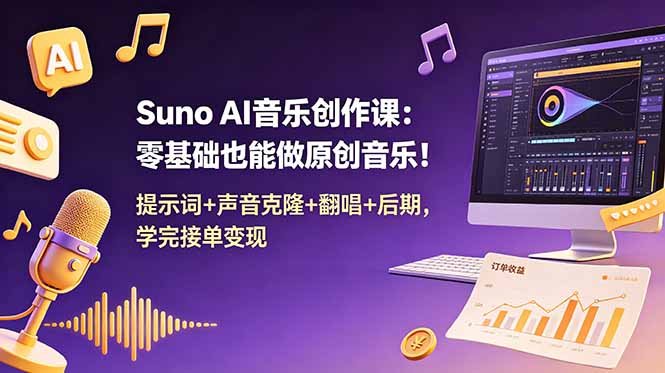Suno AI音乐创作课:零基础也能做原创音乐!提示词+声音克隆+翻唱+后期,学完接单变现-淘金社:轻创终点站