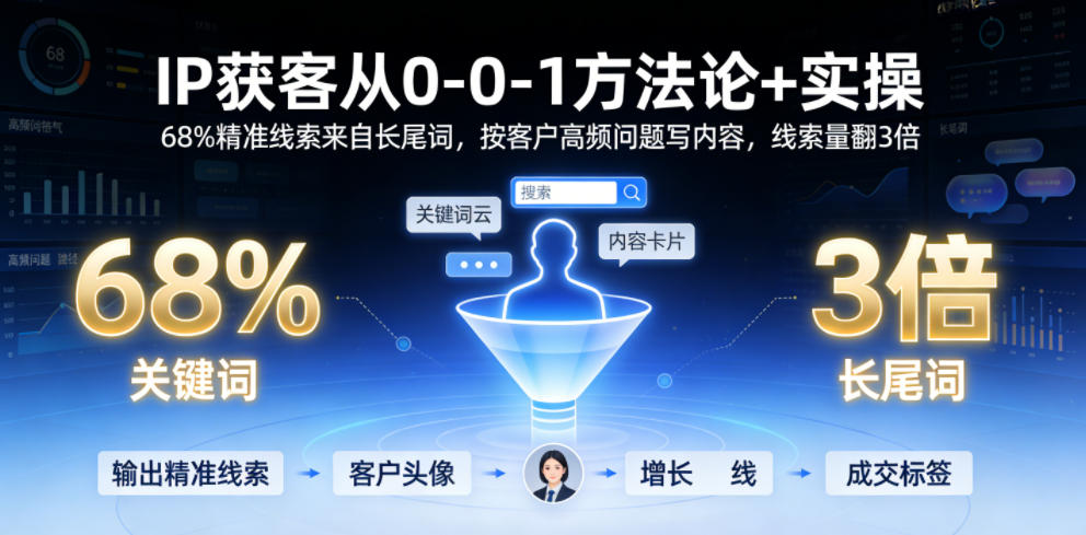 IP获客从0-1方法论+实操，68%精准线索来自长尾词，按客户高频问题写内容，线索量翻3倍-淘金社:轻创终点站