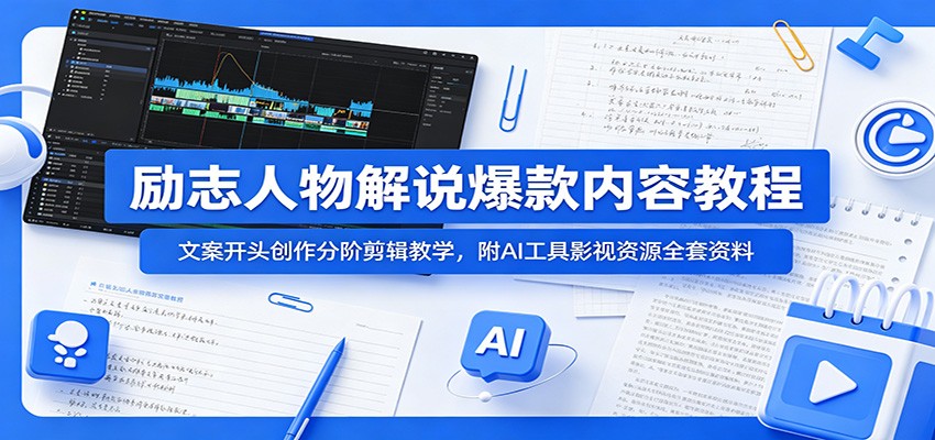 励志人物解说爆款内容教程:文案开头创作分阶剪辑教学,附AI 工具影视资源全套资料-淘金社:轻创终点站