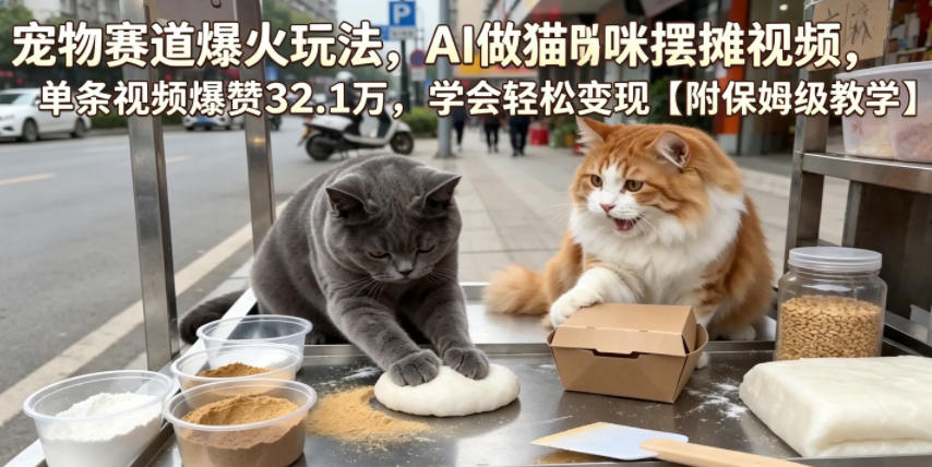 宠物赛道爆火玩法,AI做猫咪摆摊视频,单条视频爆赞32.1万,学会轻松变现【附保姆级教学】-淘金社:轻创终点站