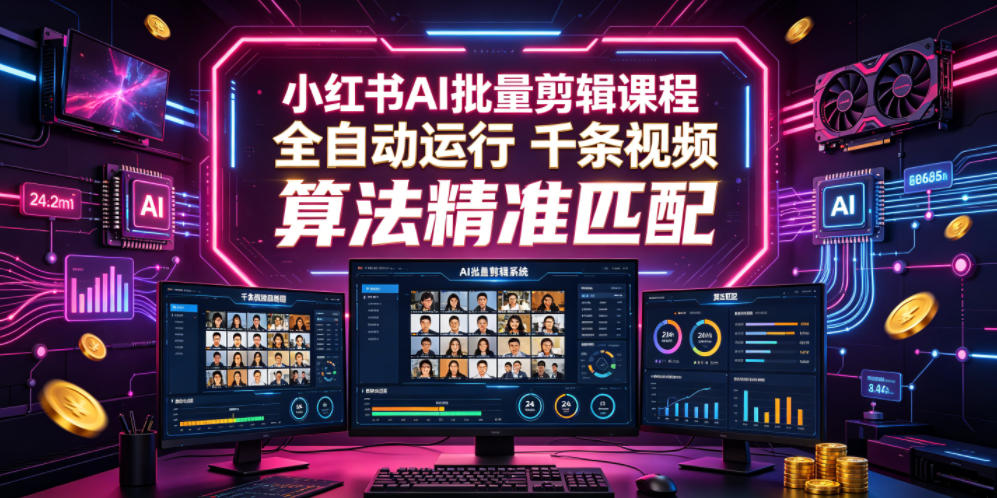 小红书AI批量剪辑课程,24小时全自动运行,解放双手专注运营,千条视频批量处理,小红书算法精准匹配-淘金社:轻创终点站