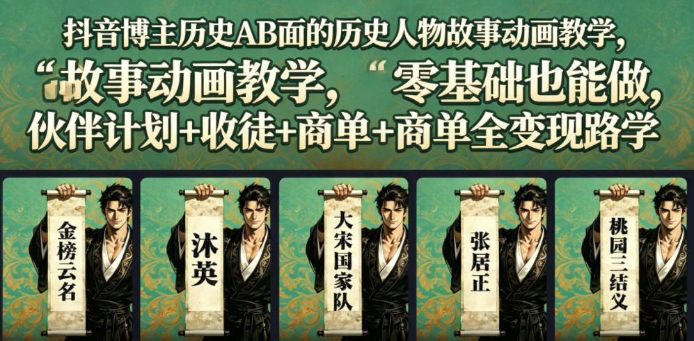 抖音博主历史AB面的历史人物故事动画教学,零基础也能做,伙伴计划+收徒+商单全变现路径教学-淘金社:轻创终点站